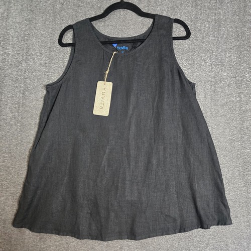 Yuvita Womens 100% Linen Lagenlook Beachy Lightweight Tank Top Size M Black