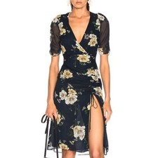 Nicholas Tea Floral Ruched Wrap Midi Silk Dress in Navy Size 2