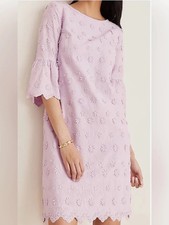NWT Ann Taylor Lilac 3D Floral Eyelet Shift Dress 8 Bell Sleeve Cotton