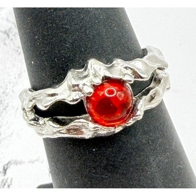 Size 6.5 Silver Tone Molten Texture Red Cabochon Open Back Ring Gothic Style