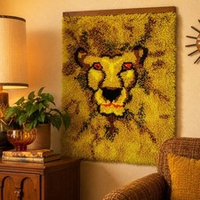 Vintage 1970s Lion Handmade Latch Hook Rug Wall Hanging Fiber Art - Cleaned 36  