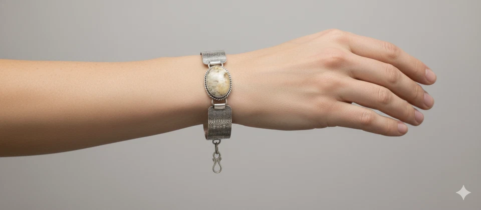 Bonito brazalete ajustable de plata de ley 925 con piedras preciosas de coral fosilizado natural Foto 2 de 4