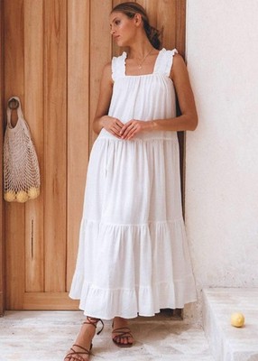 bali ruffle maxi dress Bali Lane La Palma White Ruffle Linen Women's Maxi Dress