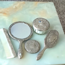 Vintage Silver-Tone Ornate Vanity Set Mirror Brush Comb Lidded Powder Jar