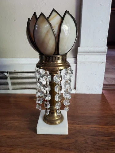 Rare Antique Vintage Slag Glass Victorian Table Lamp Marble Base Crystal Prisms