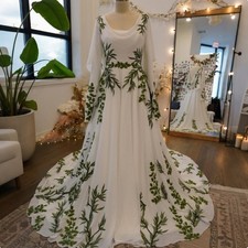 White Cowl Neck Chiffon Wedding Dresses Green Leaf appliques Bridal Gown Train