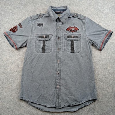 Affliction Shirt Mens Medium Gray Black Premium Motor Spirit 73 Short Sleeve