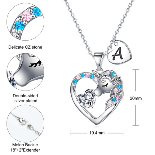 Unicorn Necklace Gifts for Girls Kids - Colorful CZ Heart Initial Necklaces U... - Picture 5 of 7