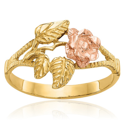 14K massiver zweifarbiger Goldring Rose Blume Statement Mode 3 mm schmales Band