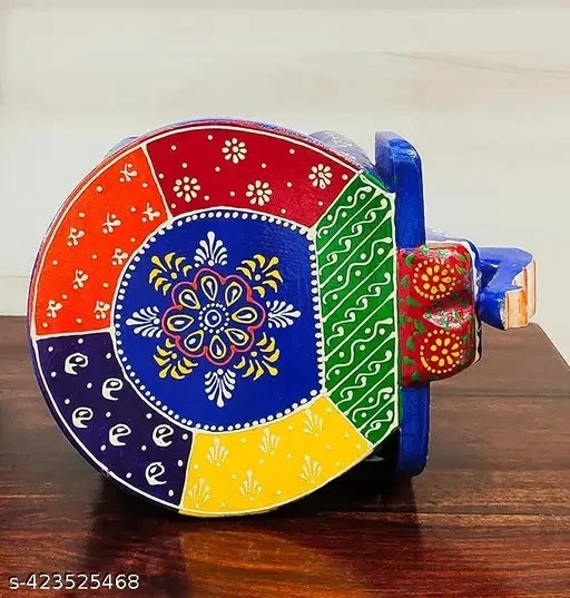 Indian Handmade Wooden Elephant Shape Multi Color Room Side Table Statue Stool - Image 3 of 4