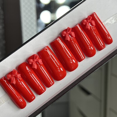  CUSTOM Gel Press On Nails, CLASSIC RED BOW, 10p set FULL SET W Kit LONG SQUARE