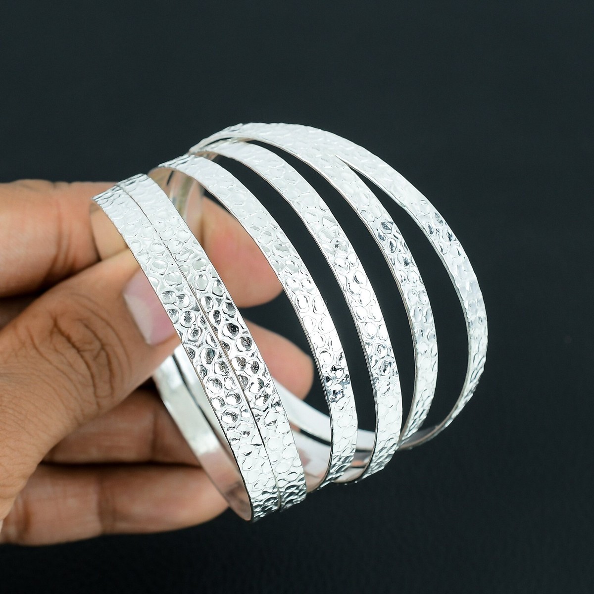 6 Set of Silver Bangle Solid 925 Silver Stackable Handmade Women