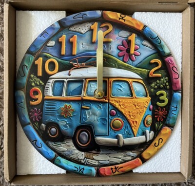Hippie Van Peace  And Love Wall Clock 8x8 Inch Diameter 2D Flat Printing