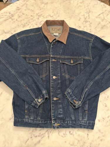 Vintage Blue Zone 80's 90's Denim Jacket Navy Blue Leather Collar Medium