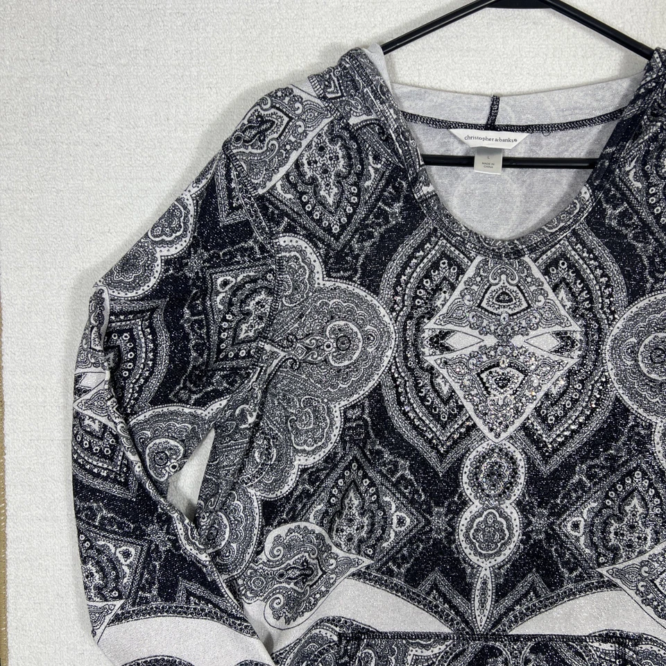 Christopher & Banks Sudadera con Capucha Paisley Top Mujer Grande Estrás Bolsillos Brillante Foto 2 de 4