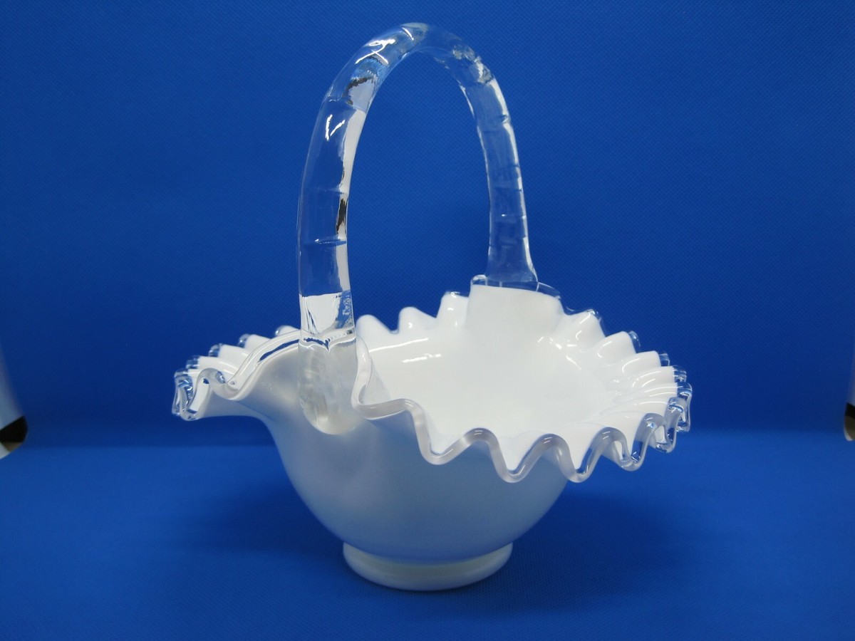 Vintage Fenton Silver Crest Milk Glass Basket Ruffled Edge
