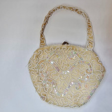Walborg Hand Beaded Sequin Bag Made in 'Belgium Ivory Cream Purse Vtg AS IS
