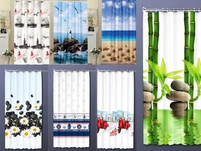 Textil Duschvorhang 120 x 200cm Bambus Leuchturm Delphin Seestern Stein + Ringe