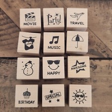 CRAFT SMART 12pc Stamp Set Rubber Wood Travel Love Happy Snowman Birthday Movie