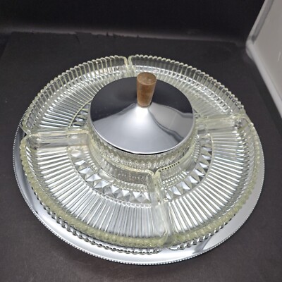 Vtg 1950 s Kromex Chrome & Pressed Glass Lazy Susan Relish Tray 14''