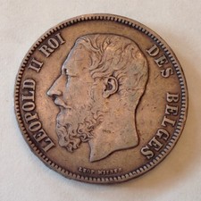 Belgium 1873 A Silver Five (5) Francs Leopold II
