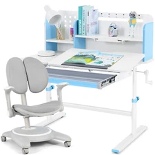 Height Adjustable Blue Kids Study Desk & Gray Chair Sets Girls Boys Shelf,Drawer