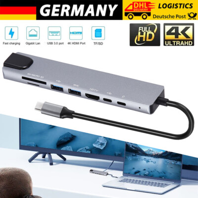 USB C Hub 8 in 1 Adapter 4K HDMI USB 3.0 Micro SD RJ45 Ethernet Pro/Air Laptop