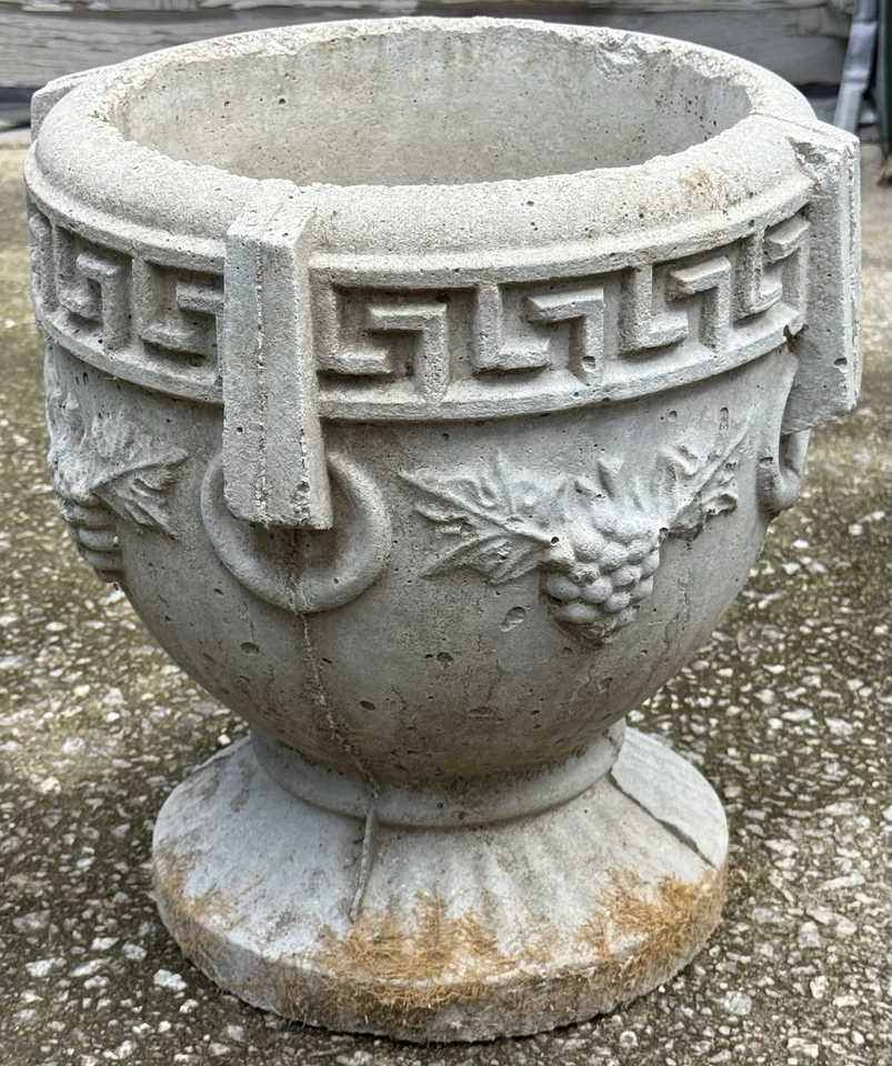 Mid Century Cast Concrete Garden Urn Planter Neoclassical Greek Key Border - Image 3 of 4