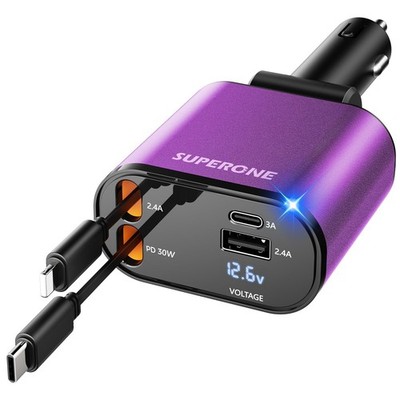 【Upgraded】 SUPERONE Retractable Car Charger 4 in 1, Fast Phone Purple 