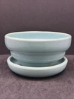 McCoy USA Pottery Teal Rings Squat Flower Pot & Saucer Planter 3" by 5"