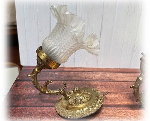 Vintage Pair French Style Brass Wall Sconces Frosted Glass Shades Artolier Corp - Picture 13 of 19