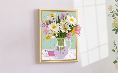 Frühling Glas Vase Flieder Floral Botanisch Gänseblümchen Wildblume Landhaus Deko Galerie