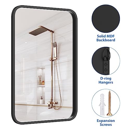Black Mirror for Bathroom 20" x 30" Black Rounded Corner Rectangle Mirror with - Picture 6 of 8