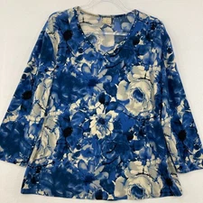Jess & Jane Top size Large Blue Floral Artsy V Neck Stretch 3/4 Sleeve Casual