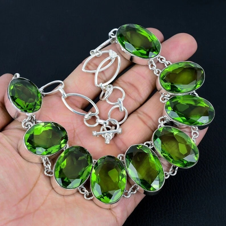 Green Peridot Gemstone Handmade 925 Sterling Silver Jewelry Necklace Size-17-18" - Image 2 of 4