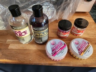 bait tech and mainline fising products liquid and wafters coarse match fishing
