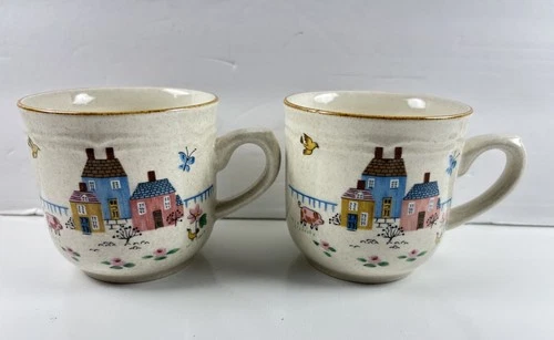 International HEARTLAND FARM Coffee Cup ROUND BOTTOM Stoneware Japan Vtg Set 2