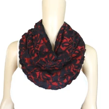 Black And Red Infinity Scarf. Stretch Lace Circle Scarf. Ruffle Edge Scarf.