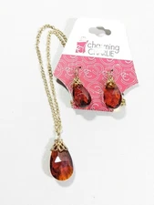 Charming Charlie Gold Tone Brown Glass Pendant Dangle Earrings Set