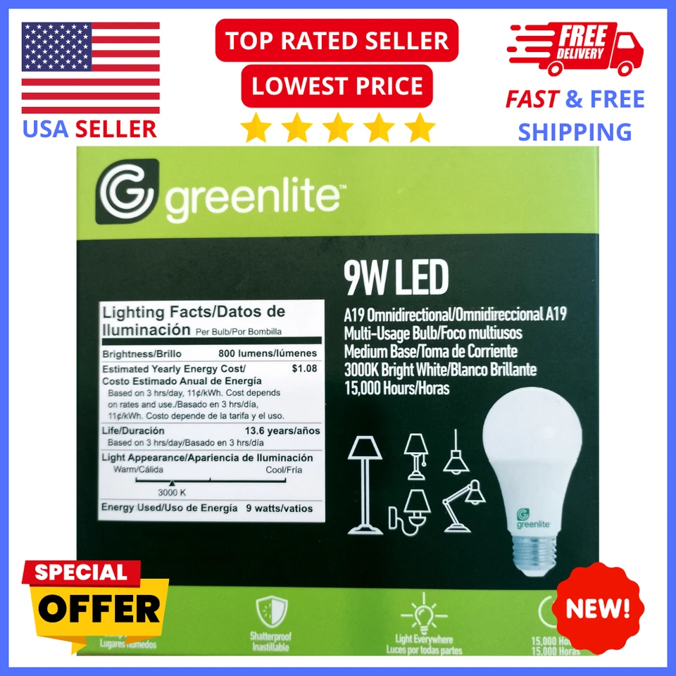 Greenlite 9W LED Light Bulbs 10-Pack – 60W Equivalent A19 800 Lumens Energy Save - Image 2 of 2