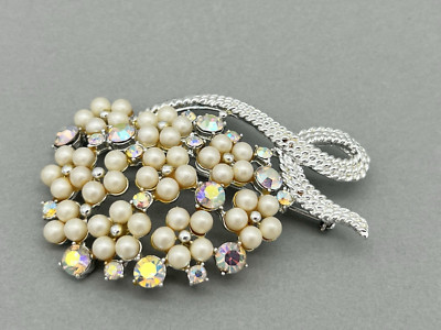 Vintage Schiaparelli Style Brooch Faux Pearl Flowers AB Rhinestones Silver Tone