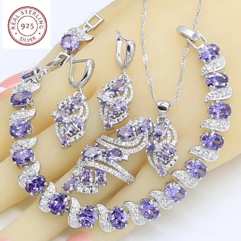 4 pc 925 Silver Created Purple Amethyst Necklace/Pendant Jewelry ...