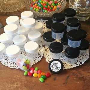 28-New-Plastic-Jars-1oz-to-top-of-jar-black-amp-white-caps-4304-USA-DecoJars