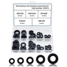 100 Pcs 5 Sizes Washers Assortment Kit Black 304 Stainless Flat Washers for S...