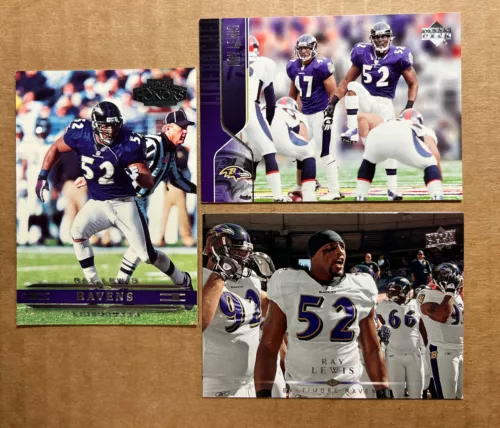 Ray Lewis 2002 Playoff Honors, 2004 & 2008 Upper Deck Base Football Cards.