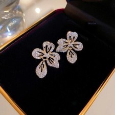 2Ct Round Cut Real Moissanite Flower Stud Pretty Earrings 14K Yellow Gold Plated