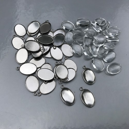 Cabochon Tray Glass Dome Set OVAL Smooth Stainless Steel Pendant DIY Kit 14-30mm - Picture 17 of 39