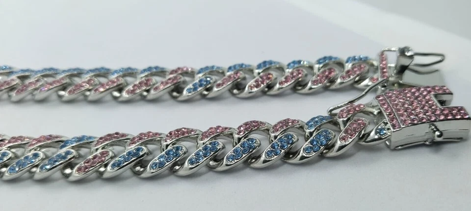 Collar de cadena cubana Miami de acero inoxidable de 10 mm para hombre 18" zafiro azul y rosa Foto 3 de 4