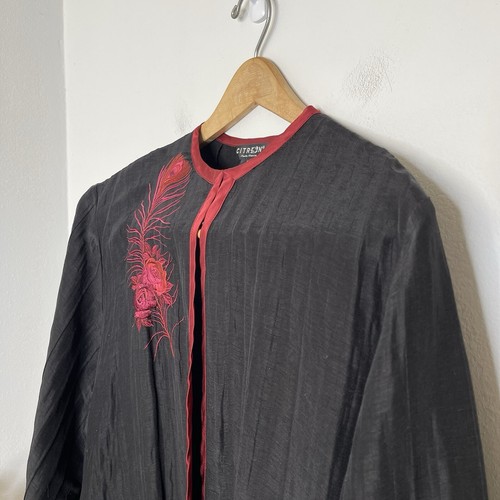 CITRON Santa Monica Black Linen Silk Kimono DusterJacket Embroidered Asian 3X - Picture 11 of 22
