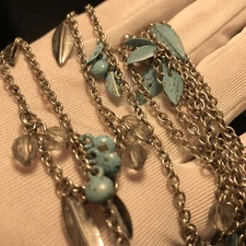 36” L Charming Charlie Double Strand Silver Tone Necklace Leaf Leaves Sky Blue